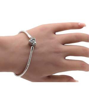 925 Sterling Silver Snake Chain CZ Heart Charm Bracelet